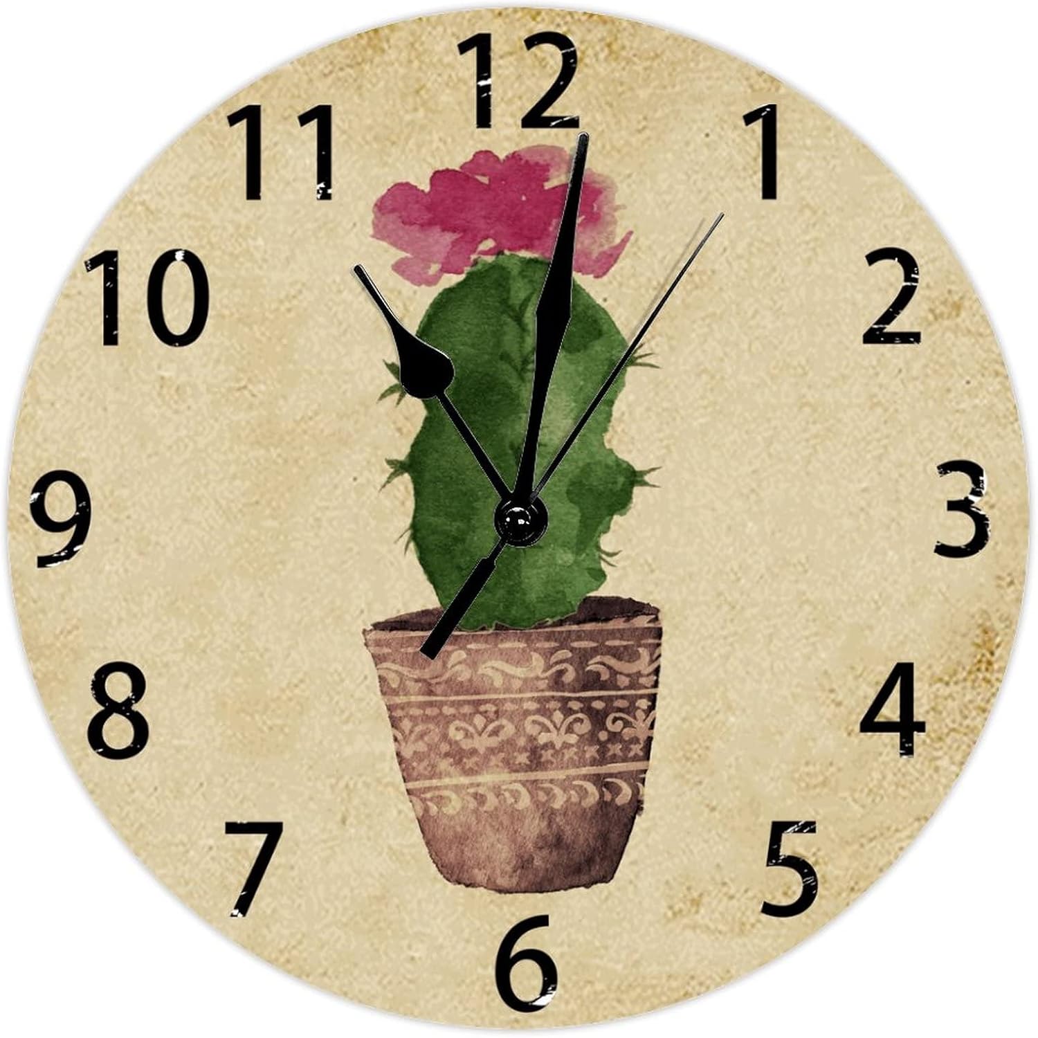 12 Inch Round Wall Clock Farmhouse Boho Cactus Desert Clock Decorative Wooden Wall Clock Rustic Battery Operated Silent Wall Clock Hanging Wall Decor for Home Offiice Bedroom