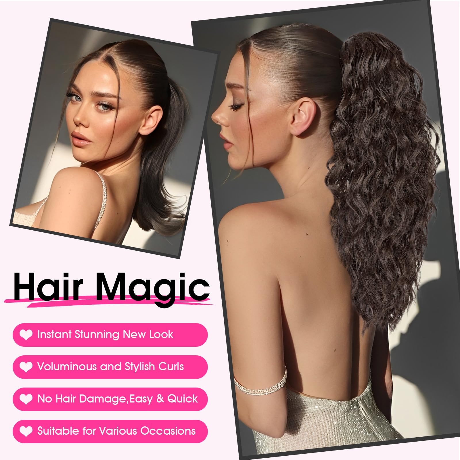 RONTAYA Extension Cheveux Naturel Clip - Postiche Cheveux Naturel Synthétique de, Multi couches duveux épais ondulé en fausses queues de poney cheveux Naturel Synthétique Brun foncé 46 cm
