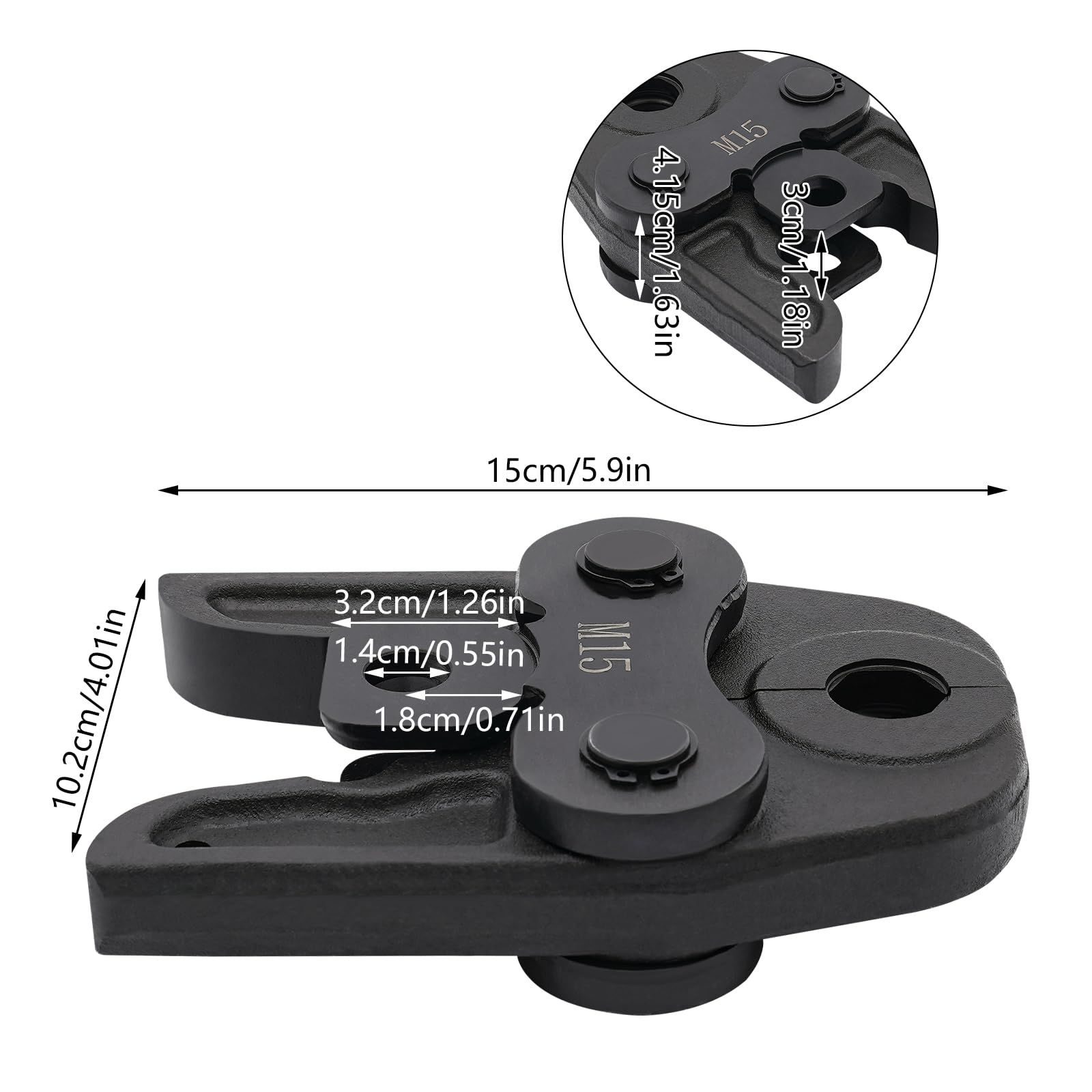 Mordaza de presión M15 compacta, mordaza para herramientas de prensado, mordaza de crimpado, 0,8 – 1,2 mm, grosor de tubo adecuado para prensar tubos de cobre, acero inoxidable y aluminio y plástico
