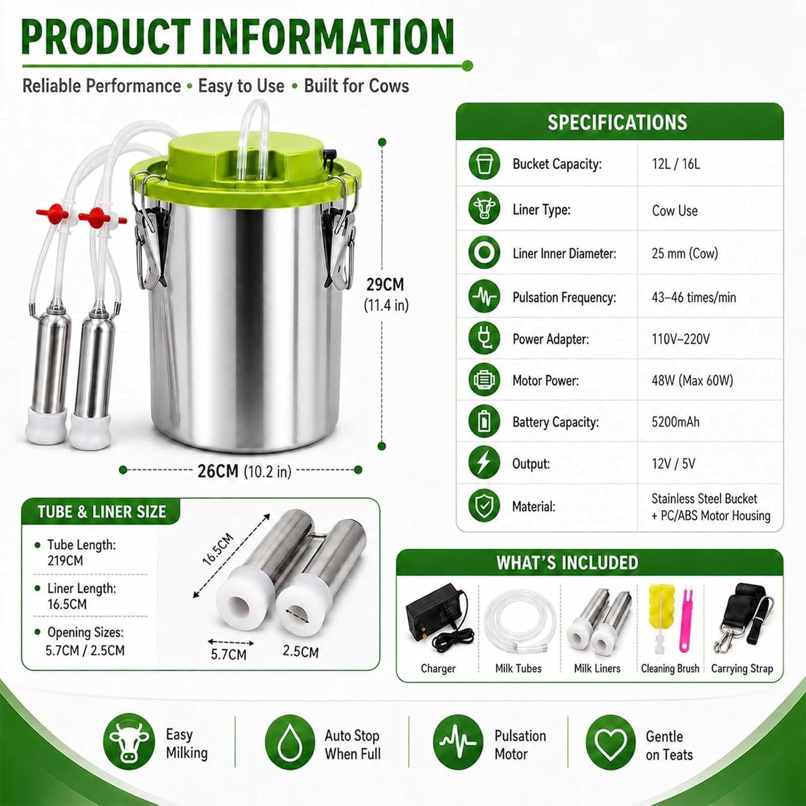 Mungitrice Automatica per Mucche e Capre, Mungitrice Elettrica Senza Fili con Vuoto e Pulsazione Regolabile, Secchio Inox Alimentare, Attrezzatura Portatile per Piccole Aziende (16L)