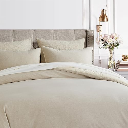 Miniatura 6 de Juego de edredón de algodón tamaño Queen, color beige, ropa de cama lavada con sensación de lino, juego de edredón Queen de 3 piezas (1 edredón, 2