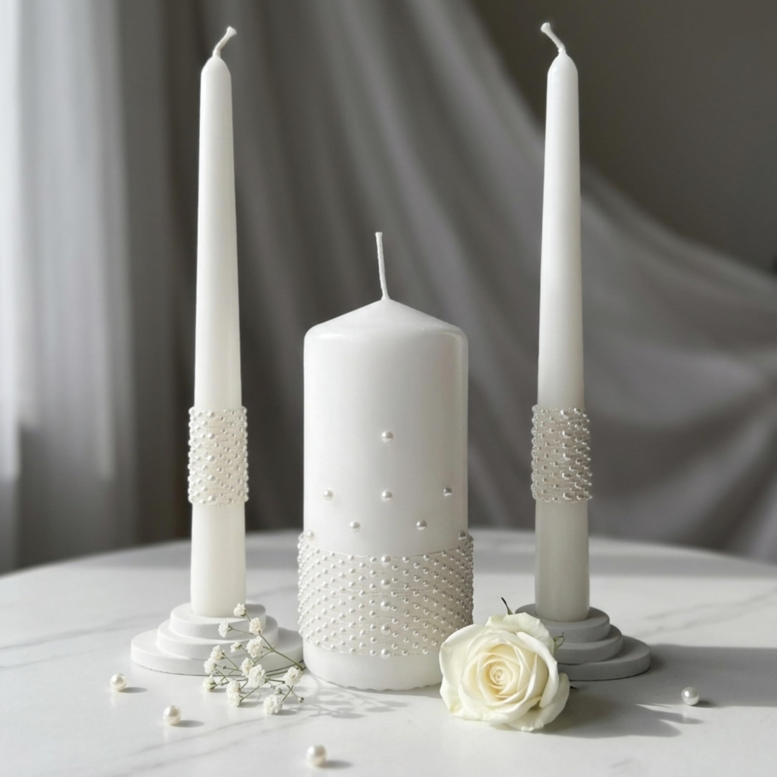 Unity - Set di candele per matrimonio, set di candele da 15 cm e 2 coni da 22,5 cm, unico colore al quarzo (quarzo bianco)