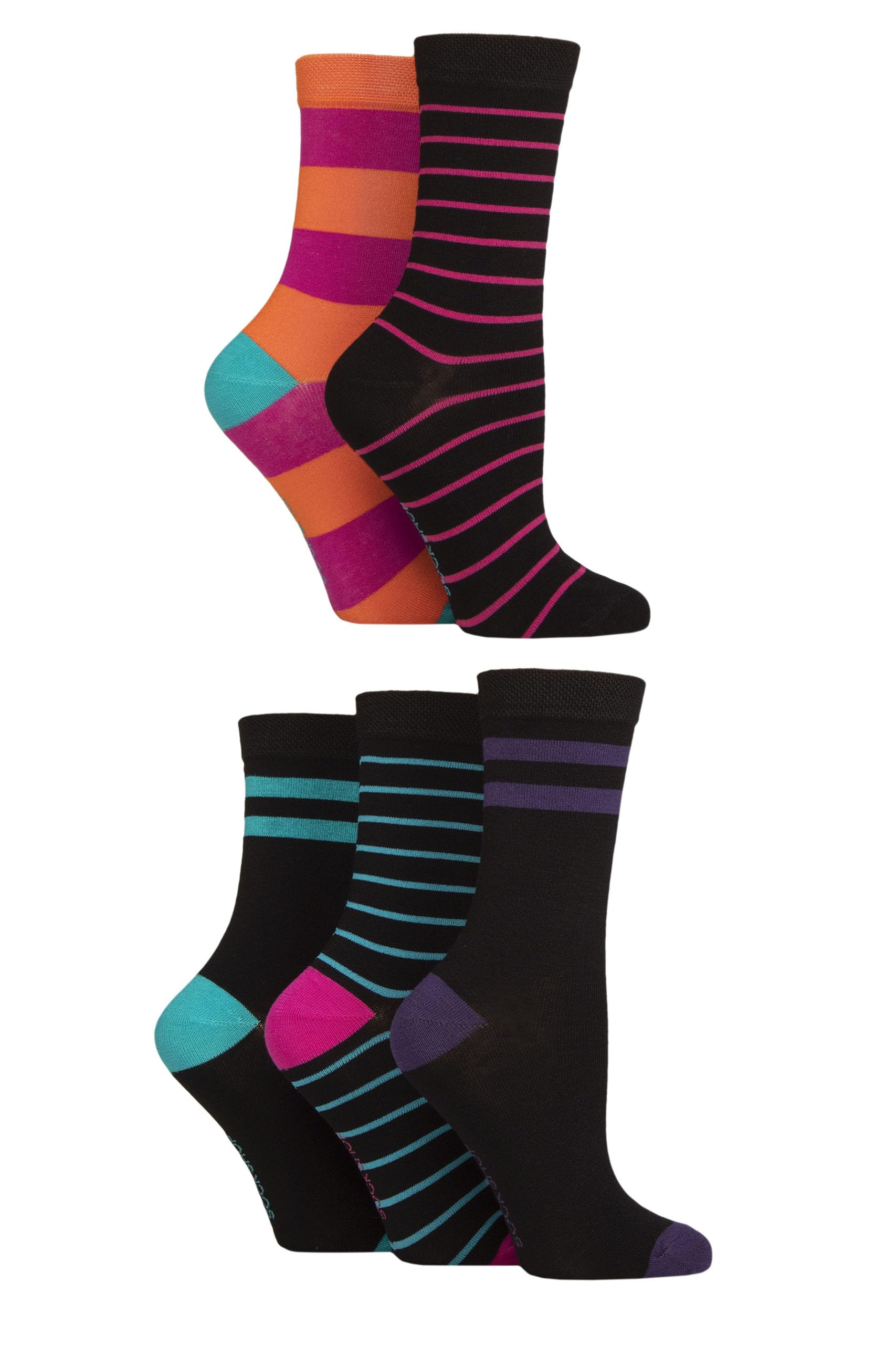 Sockshop Women's Stripe Bright Soft Bamboo Socks - Breathable, Cooling, Plain, Patterned & Striped In A 5 Pair Multipack Size 4-8