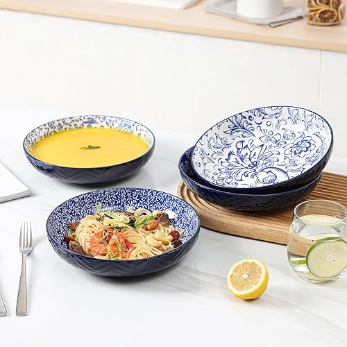 Miniatura 4 de KitchenTour - Tazones para pasta de 34 onzas, cuencos grandes para servir, cuencos de cerámica de 8.5 pulgadas de ancho y poco profundo, juego de 4