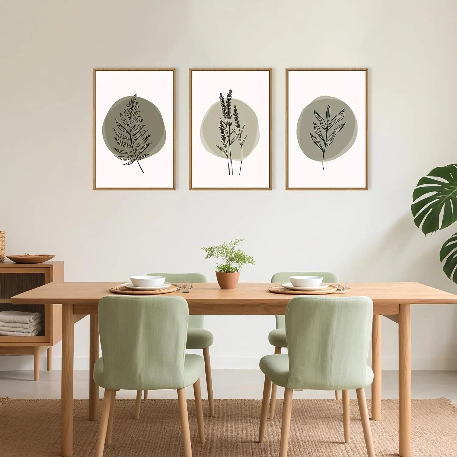LTjiajuypd Leinwandposter mit salbeigrünem Blattmotiv, minimalistisches Wandbild im Bohème-Stil für Wohnzimmer und Zuhause (60 x 85 cm - 3-teilig)