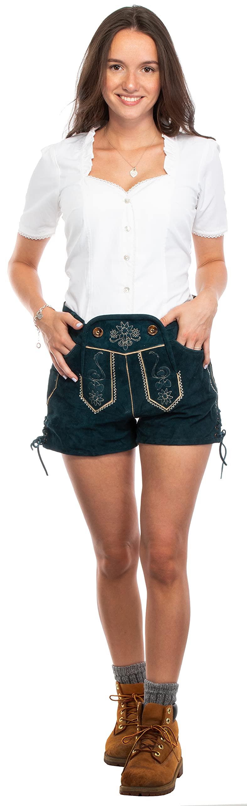 Brandsseller Trachten Lederhose Damen Kurz Hellbraun Türkis – Gr. 36 38 40 42 44 –Oktoberfest