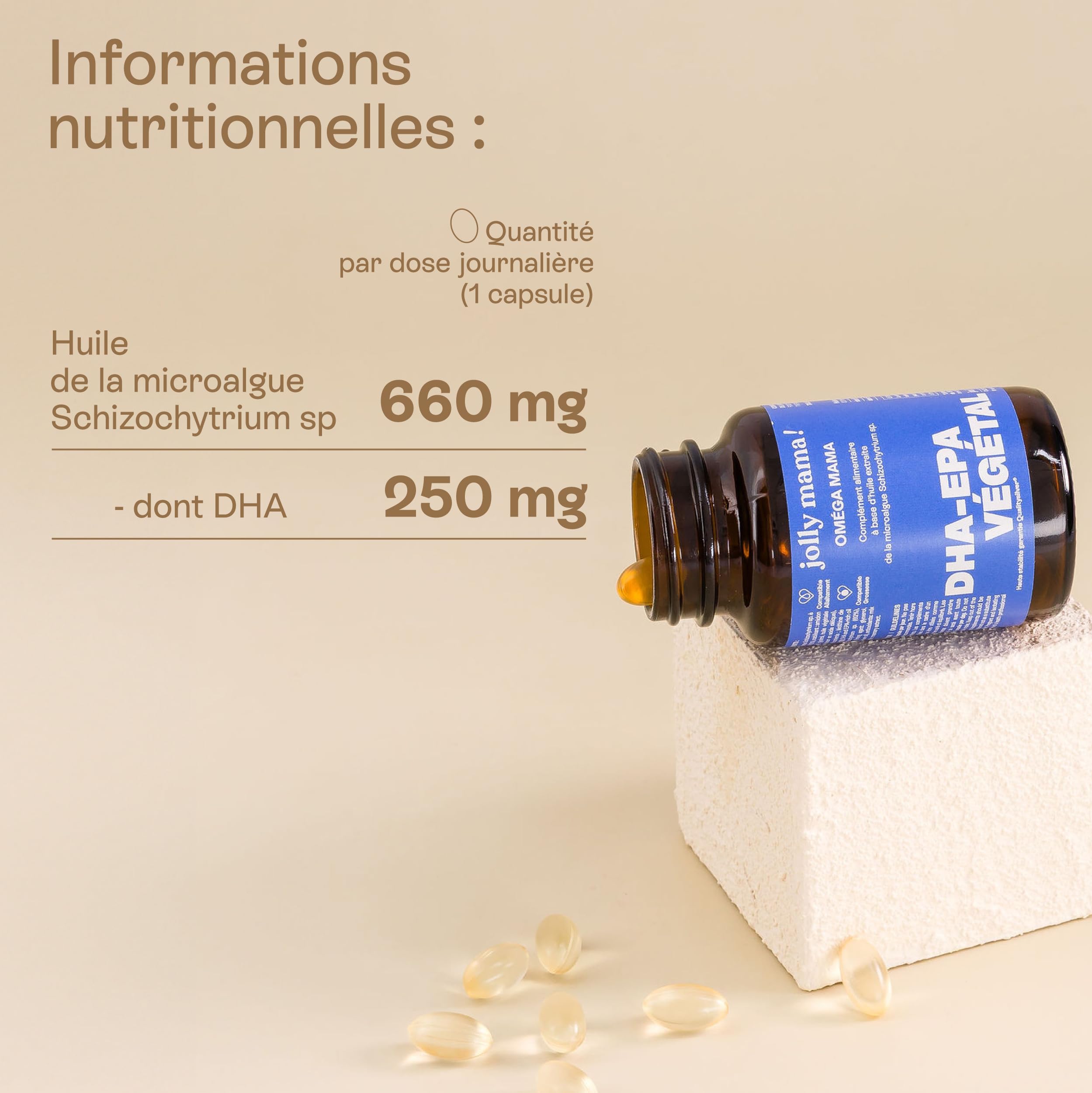 Jolly mama! Oméga Mama | DHA-EPA Végétal | Hautement Assimilable | Favorise le développement cérébral du bébé pendant la grossesse et l’allaitement | Fabriqué en France | 30 Gélules