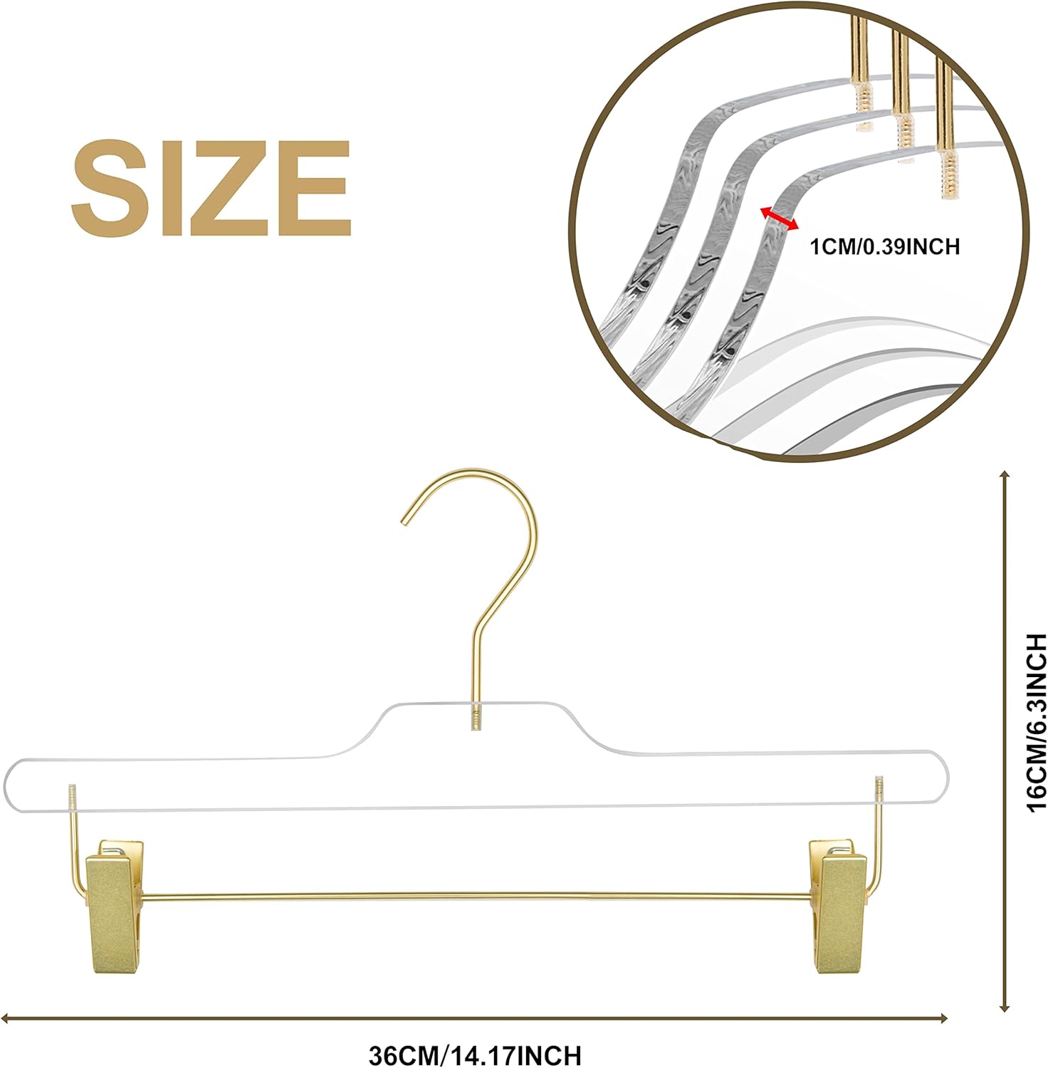 Quality Hangers Lucite Acrylic Clear Skirt Pants Trousers Bottom Hangers - 5-Pack with Adjustable Metal Matte Gold Clips - Made of Clear Acrylic for a Luxurious Look and Feel with Swivel Hook