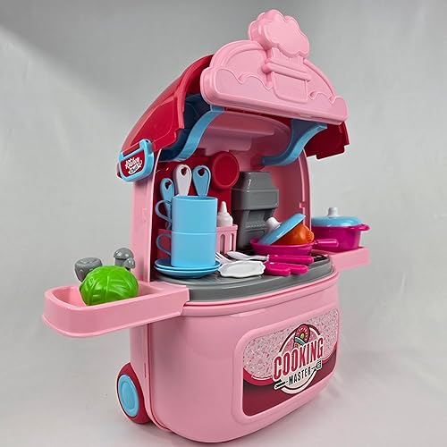 Miniatura 6 de Luxe Realm - Juego de cocina rodante para niños, carrito de cocina rosa con luces y sonidos, juego de cocina portátil con utensilios y accesorios