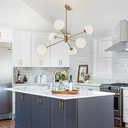 Miniatura 7 de BOKT 6 luces modernas Sputnik Candelabros Globo Luminaria Farmhouse Milk Glass Lámparas colgantes Isla de Cocina Oro y Blanco Sputnik Lámpara