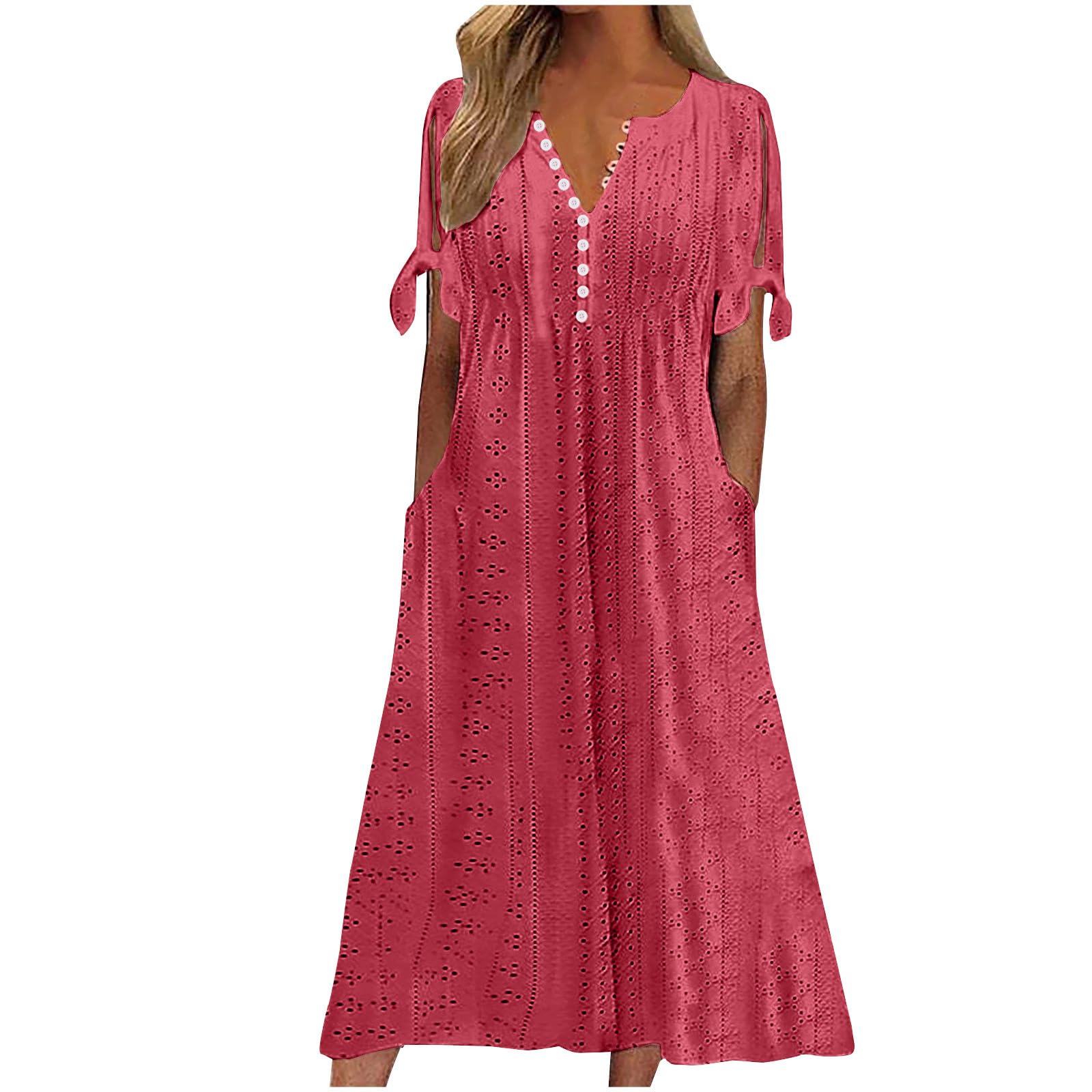 AMhomely Summer Dresses for Women UK Plus Size-Eyelet Maxi Dress,Button V Neck Long Dresses with Pocket,Solid Casual A-line Sundress,Beach Smocked Cover Ups,Holiday Vacation A Hot Pink L