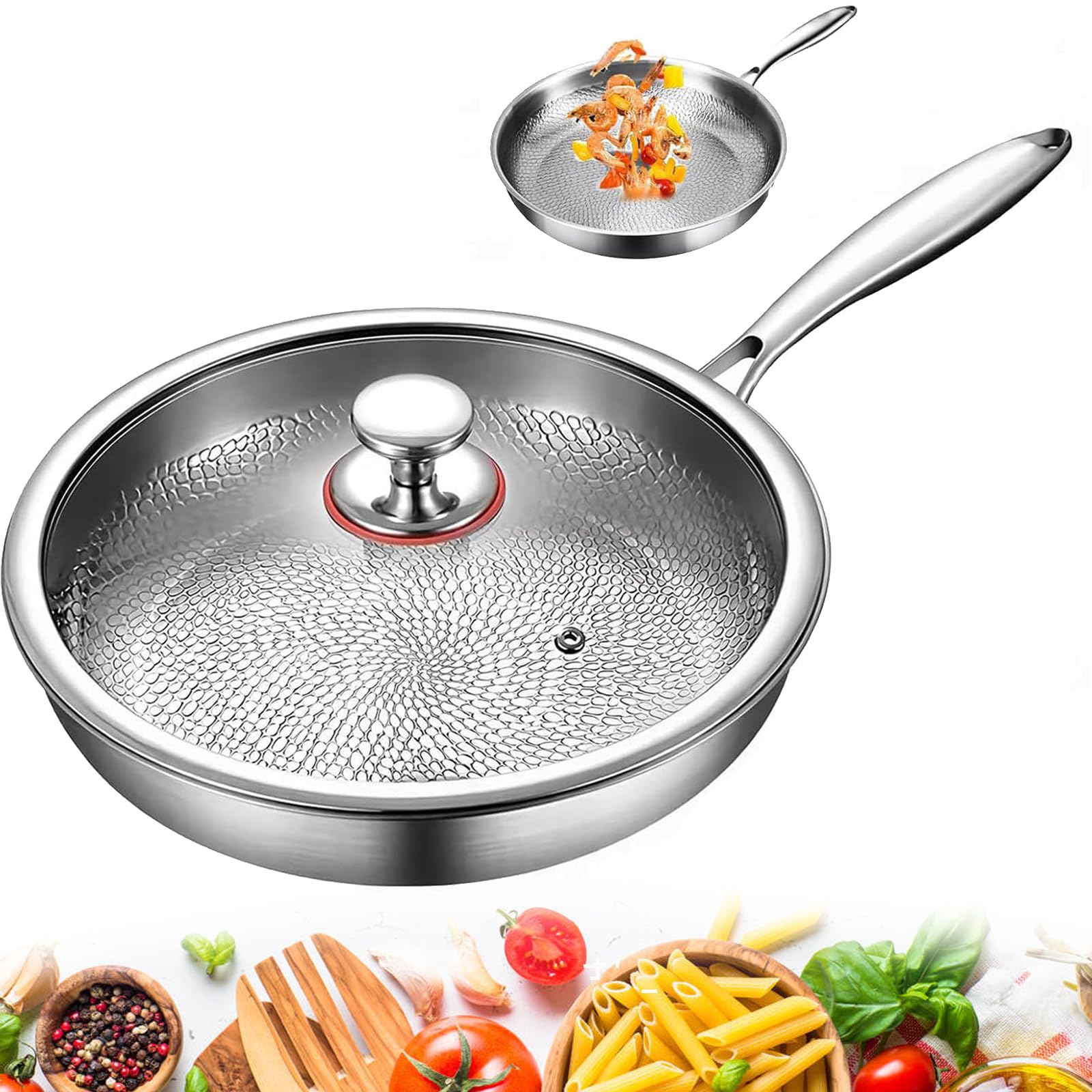 Titanium Frying Pan, Titanium Hammered Pan Pro with Lid, Diameter 10"/11"/12", Suitable for Induction Cookers and Gas Stoves, Scald-proof Handle, Uncoated Non-stick Pan, for Stir-frying and Frying Egg