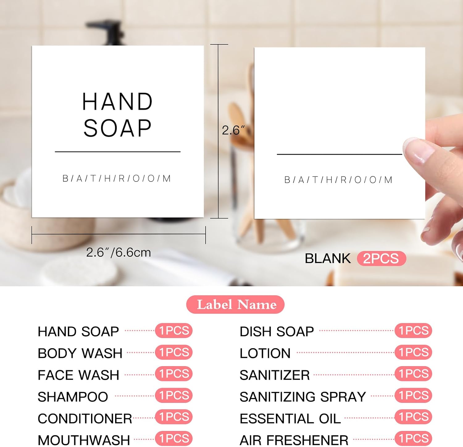 HVSWLY Waterproof Labels for Bottles - Bathroom Soap Dispenser, Removable for Lotion, Hand Soap, Shampoo, Conditioner, Mouthwash - With 2 Blank Labels (14PCS, White)