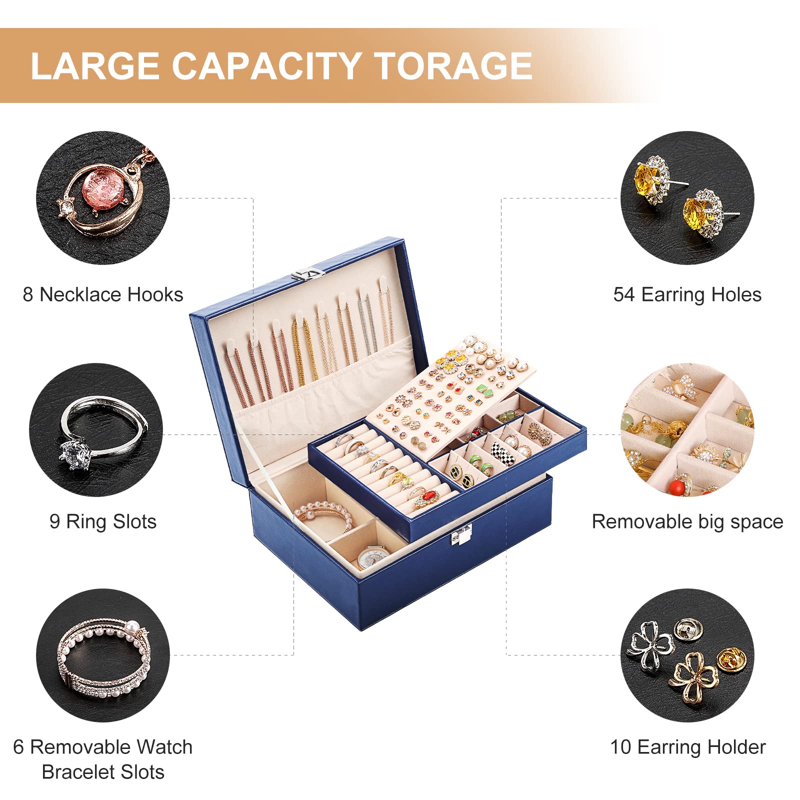 Schmuck-Organizer-Box aus PU-Leder für Mädchen und Damen, Ohrring-Organizer-Boxen, 2-lagig, große Schmuckaufbewahrung, abnehmbares Tablett für Halsketten, Ohrringe, Ringe, mit Poliertuch und