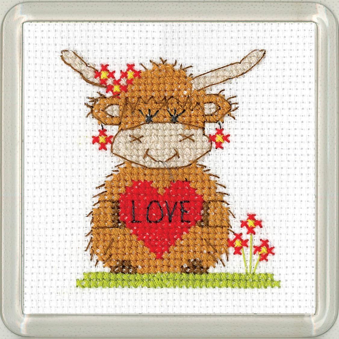 Heritage Crafts Highland Cow Love Coaster Cross Stitch Kit - Kirsten Roche Designs