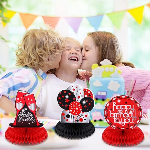 Miniatura 7 de Leyndo 9 piezas de decoración de mesa rojo y negro, centros de mesa de nido de abeja, decoraciones de mesa de cumpleaños, centros de mesa rojo y