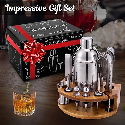 Miniatura 7 de Kit de barman con soporte de bambú juego de coctelera de cóctel de 12 piezas de 25 onzas con todas las herramientas esenciales de barra para mezclar