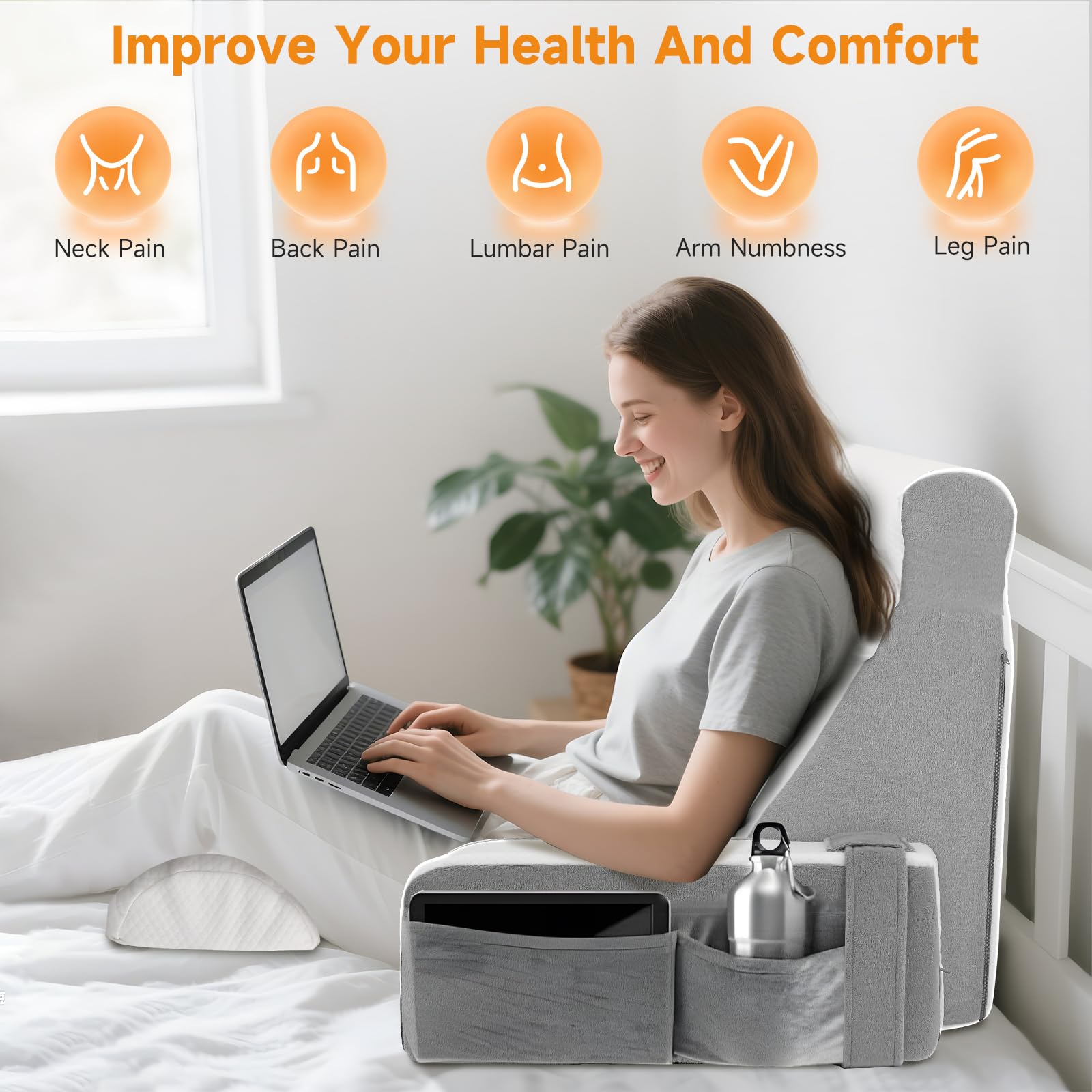 cojín de lectura para cama y sofá, cojín trasero de espuma de memoria con almohada para el cuello y reposabrazos desmontables, cojín trasero para adultos para leer, ver televisión, jugar