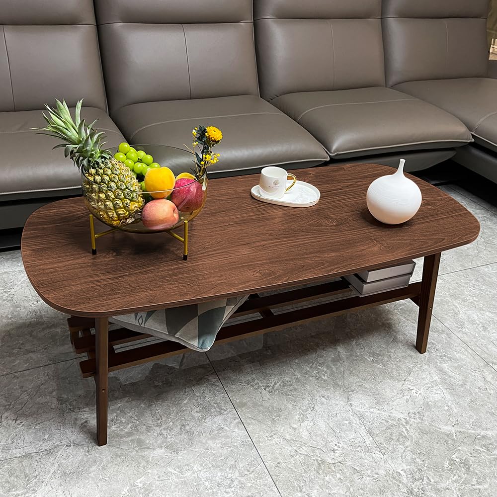 Rukulin Foldable Coffee Table Wooden Center Table with Open Storage, Floor Table for Living Room Furniture No Assembly (47.2", Brown)