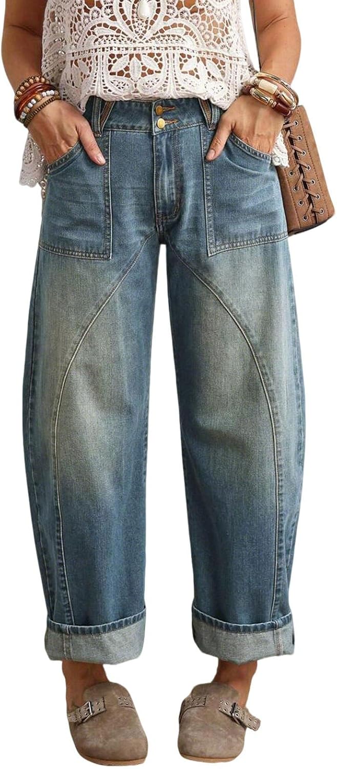 loveimgs Women Baggy Barrel Jeans Mid Rise Wide Leg Jeans Y2k Cropped Denim Ankle Pants Boyfriend Sweatpants Trousers Pockets