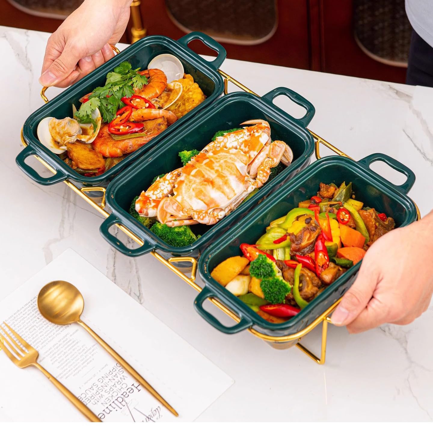 Servidor de buffet de cerámica con tapa de cristal para calentar, ideal para bodas, fiestas, banquetes y eventos de catering