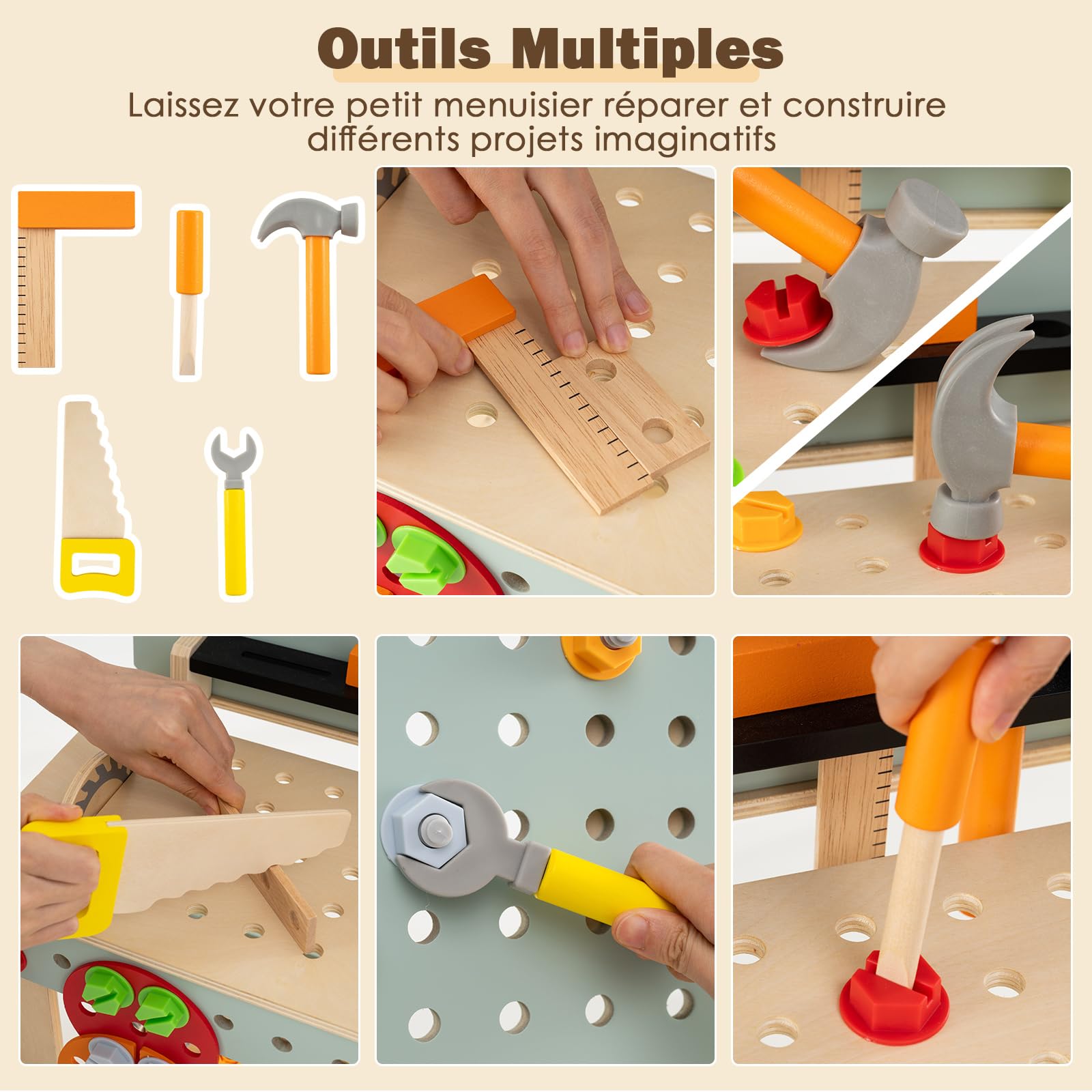 COSTWAY Établi d'Outils en Bois Enfant avec Tableau Noir & Marteau & Scie, Jouet Bricolage Enfant avec 33 Accessoires & Horloge, Étagère Inférieure, Jeu d'Imitation pour 3+ Ans