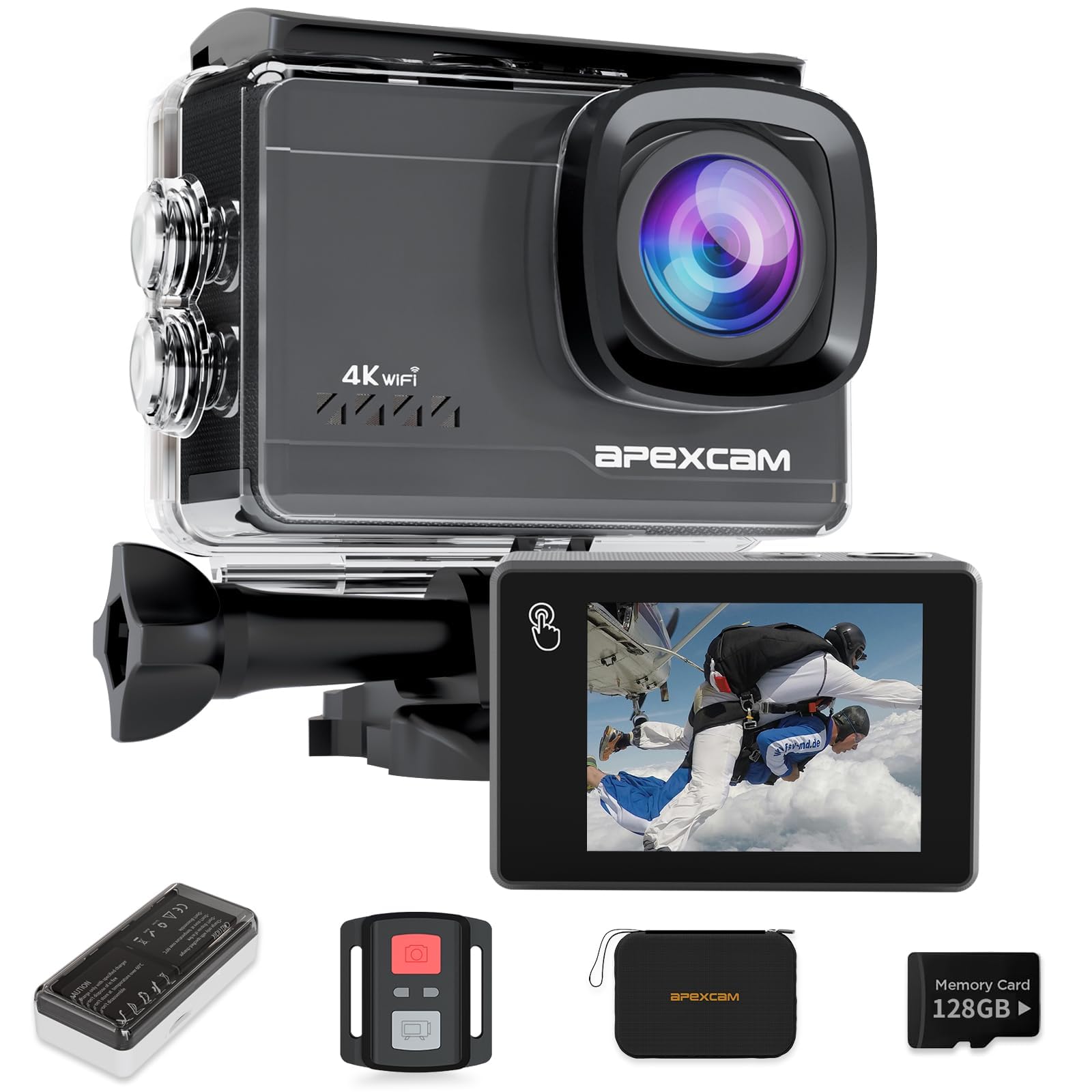Apexcam M90 Action Cam (M90 mit 128GB Karte) | EIS-Stabilisierung, wasserdicht 40 m, Aufbewahrungstasche, 2 Akkus 1350 mAh, Fernbedienung, Zubehör-Set für Sportkamera