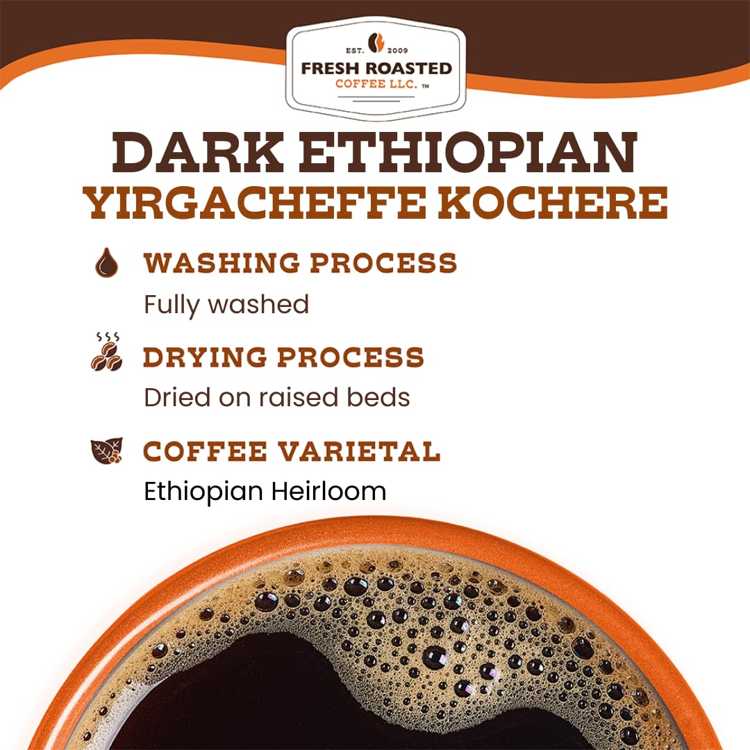 Fresh Roasted Coffee, Dark Ethiopian Yirgacheffe Kochere Whole Bean Coffee, Dark Roast, Kosher, 2 lb (32 oz)