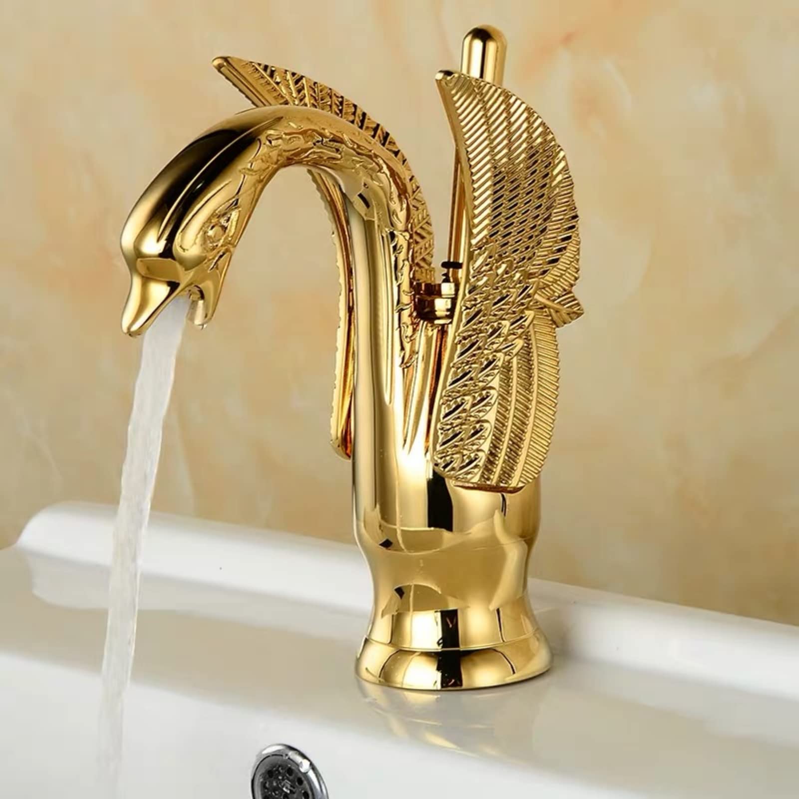 Black/Gold Basin Faucets Brass Fashion Swan Type Wash-Basin Faucet Deck Mounted Cold Hot Water Crane Sink Mixer Taps (Gold Low)