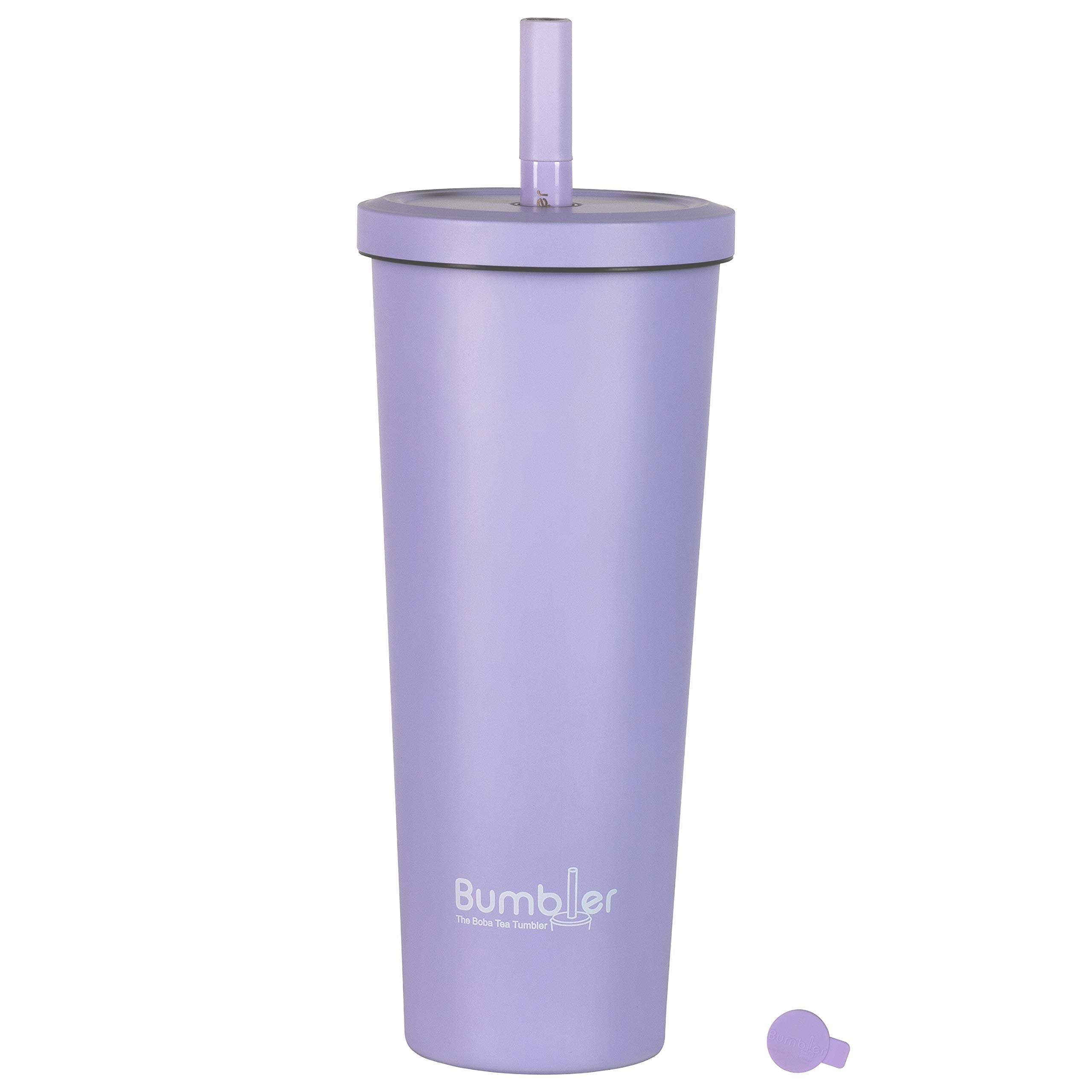 Stainless Steel Bubble Tea Cup - Bumbler 24oz Large Reusable Eco-Friendly Tumbler with Wide Soft Tip Metal Straw, Leak-Proof Lid - for Boba, Smoothies, Iced Coffee, Hot or Cold Drinks - Lavender