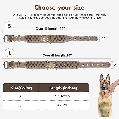 Miniatura 6 de WANYANG - Collar de perro con tachuelas, collar de perro con picos grandes y afilados, cuero geniune, protección para el cuello contra mordeduras,