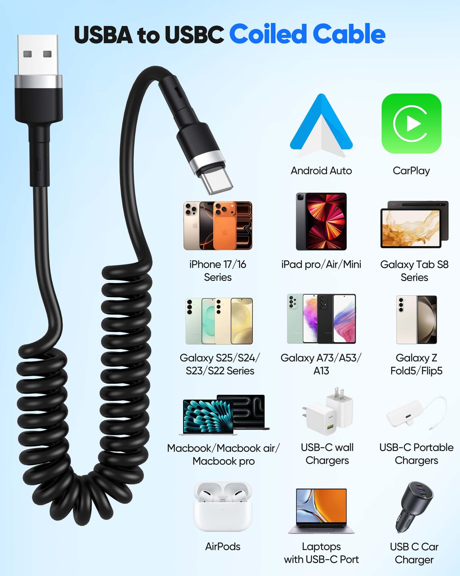 USBA-auf-USBC-Spiralkabel, 1,8 m, mehrfarbig, Kfz-Ladekabel für Handy