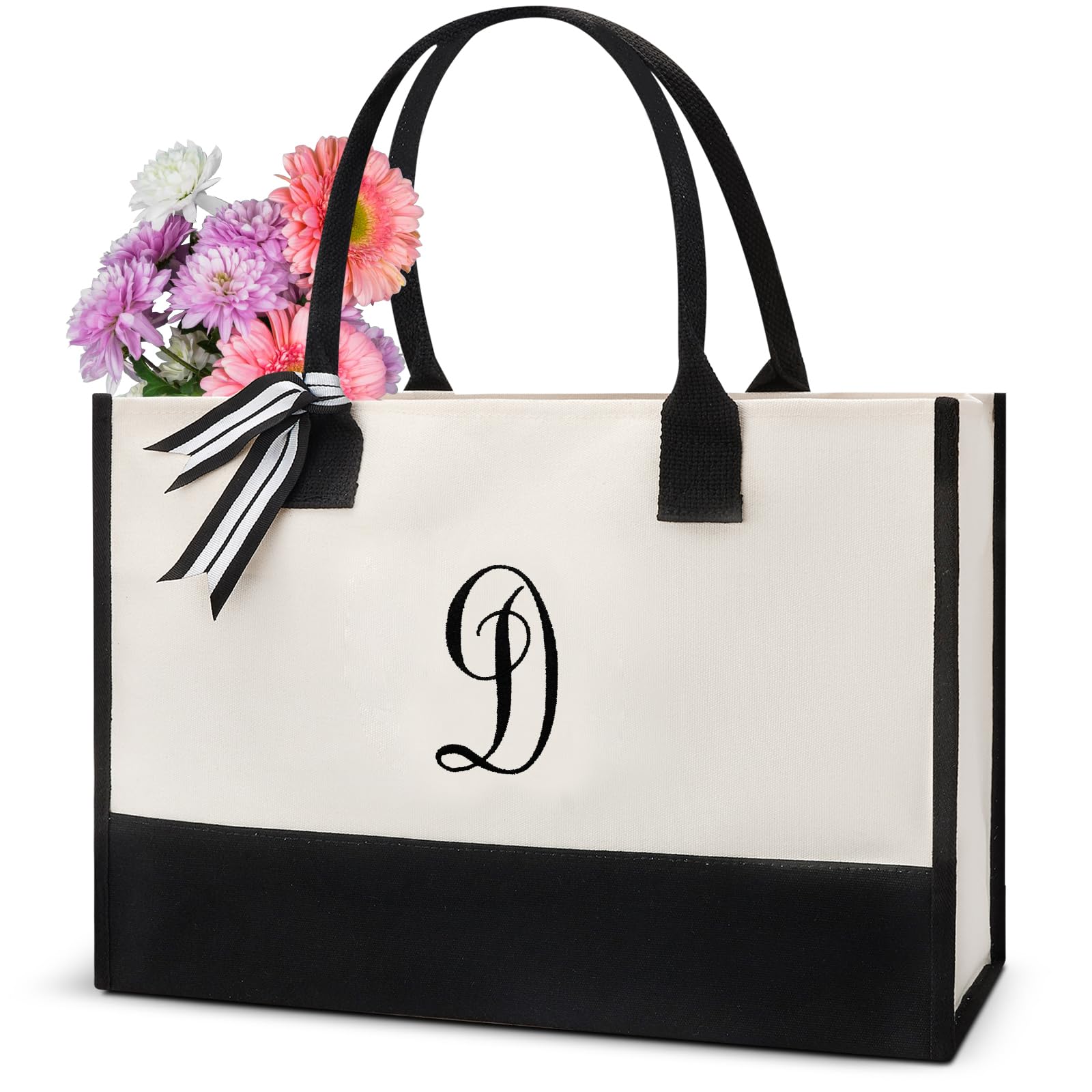 Personalized Gifts Monogram Tote Bags for Women Unique Initial Canvas Tote Bag Gift Ideas Cool Birthday Beach Woman Gifts for Her Mom Womens Teacher Best Friend Female Aunt Letter D