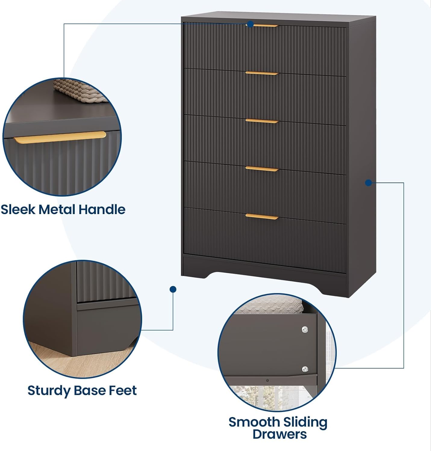 Black Tall Dresser for Bedroom, 31.5" Modern Tall Chest of Drawers with 5 Smooth Slides Drawers & Gold Metal Handles, Wood Storage Cabinet for Living Room, Closet, Entryway, Hallway