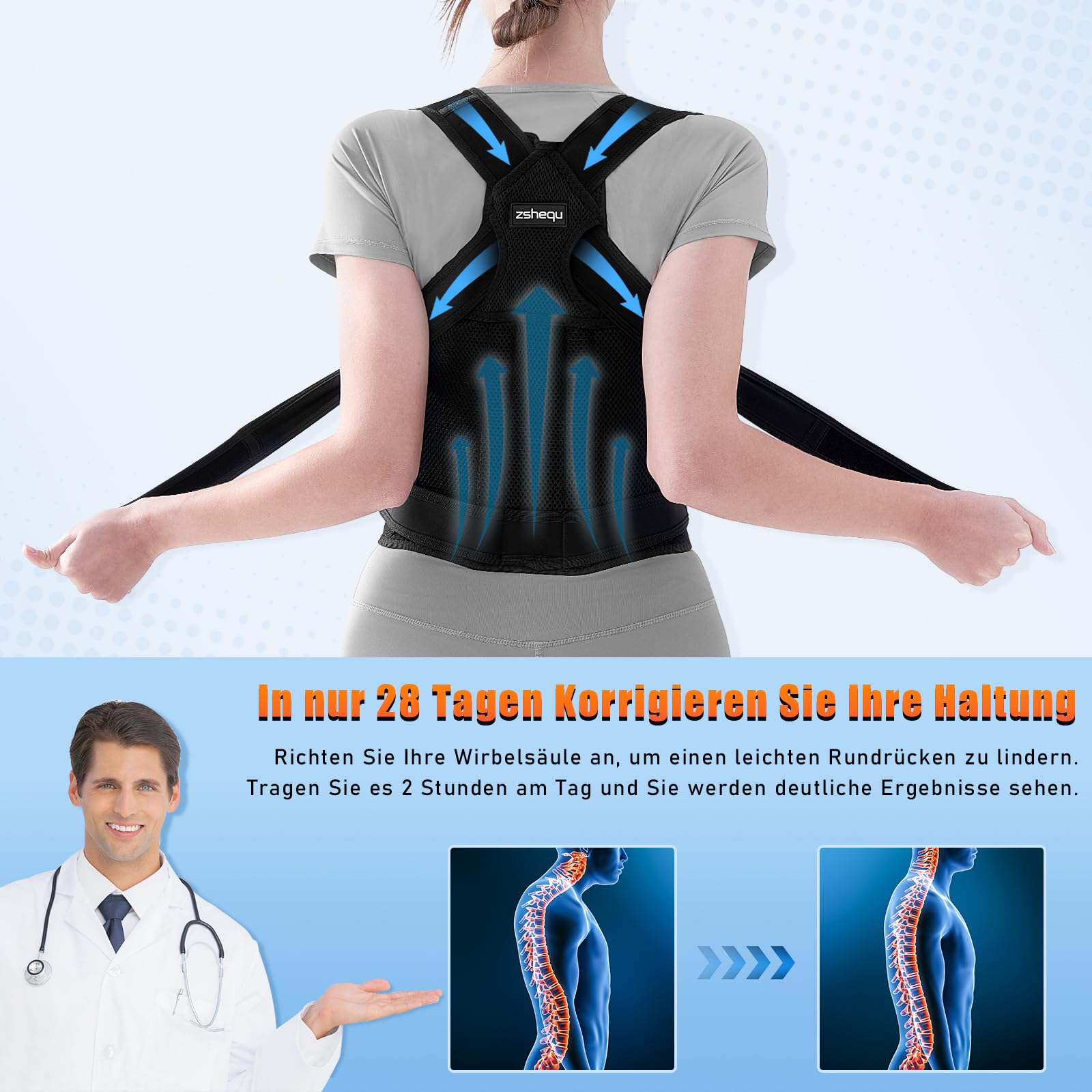Rücken Geradehalter Rückenstützgürtel Haltungskorrektur Damen: Haltung Korrektur Gurt für Herren - Verstellbare Back Support Corrector - Haltungstrainer Rückengurt für Schulter Nacken - Schwarz L
