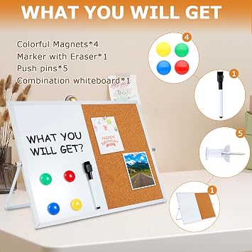 Cork Board Magnetic White Board 2-in-1 Combo, 16''x12'' Double Sided Dry Erase Board with 360 Reversible Aluminum Frame Bulletin Vision Board with 1 Marker, 4 Magnets & 5 Pins for Home Office Kitchen