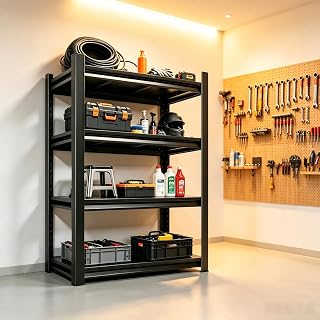 4 Tier Metal Garage Shelving Rack, Adjustable Industrial Heavy Duty Steel Storage Shelves for Garage, Warehouse, Basement, Black (54" Hx45.2 Wx15.7 D)
