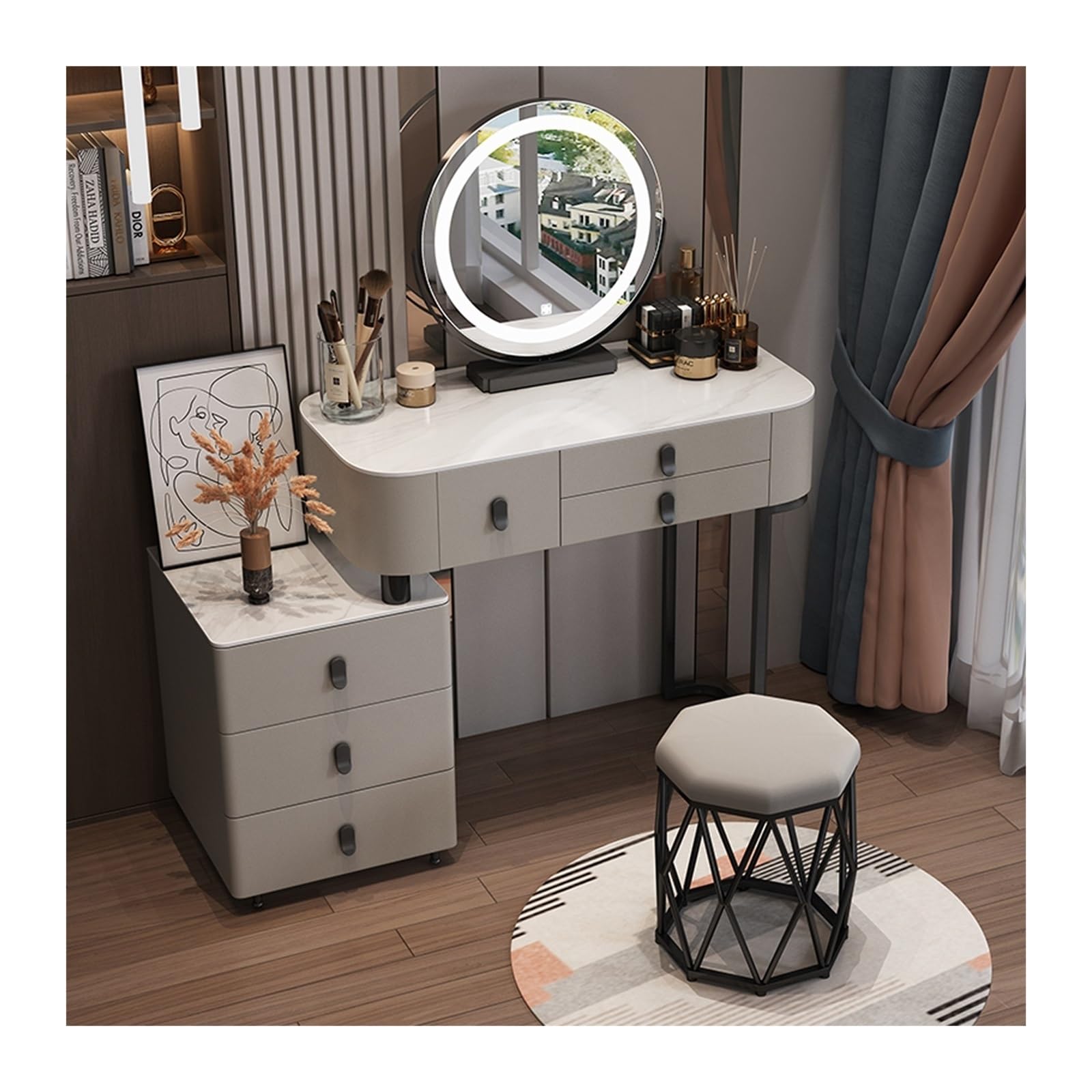 CGCSYZ Vanity Desk Modern White Vanity Table, Vanity Desk with LED Mirror and Bedside Table, Dressing Table for Girls and Women Makeup Dressing Table (Grey Round Stool 120cm)