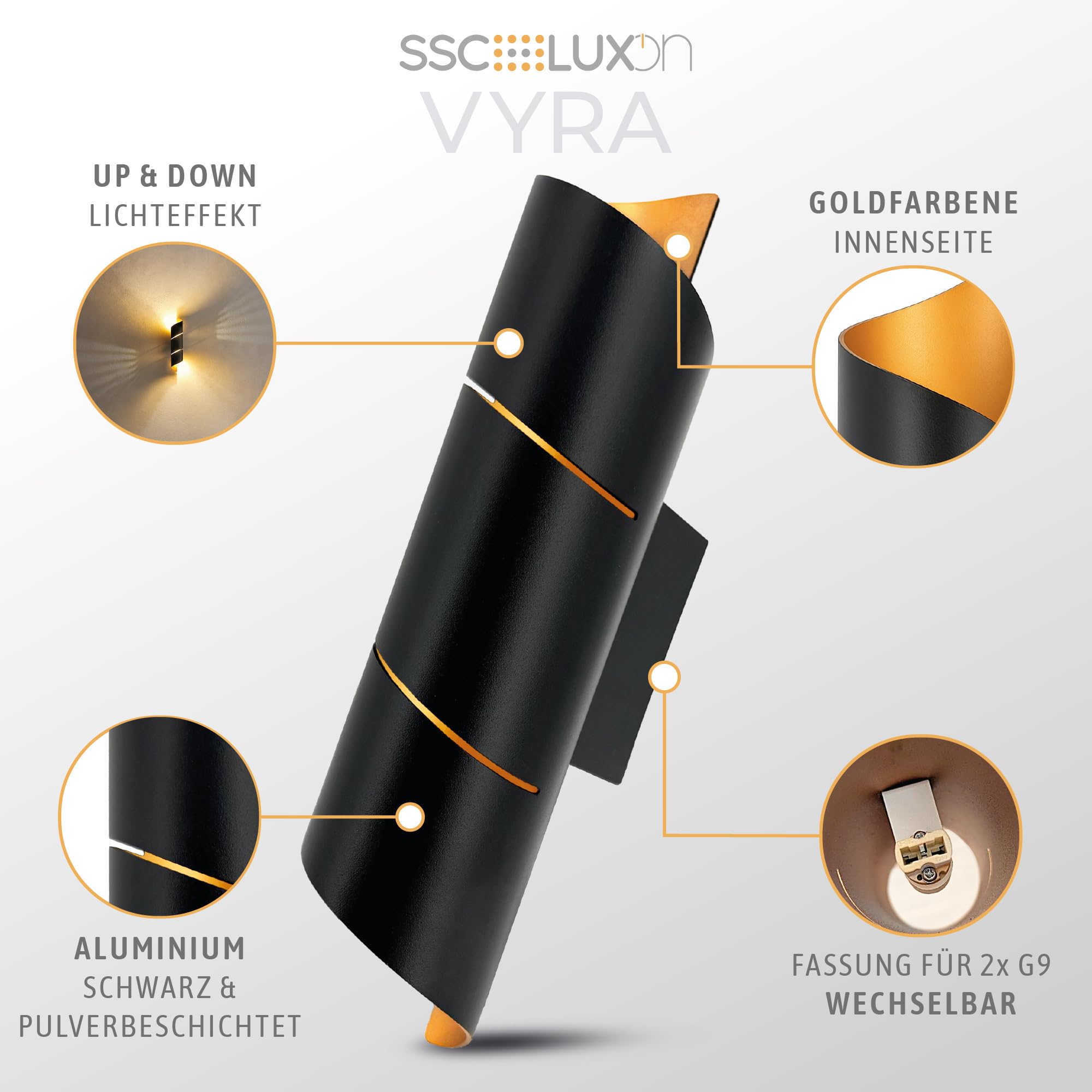 SSC-LUXon 2er Set VYRA Wandleuchte schwarz gold rund – Up and Down Lampen mit G9 Fassung Flurlampe mit diffusem Lichteffekt für Wohnräume