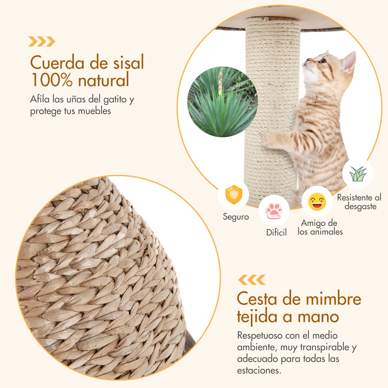 COSTWAY Árbol para Gatos de Interior con Palo Rascador en Sisal Natural, Posadero y Nicho Relajante, Pelota Juguete Colgando, Centro Actividad Torre para Gatos Versátil y a la Moda, Fácil de Montar
