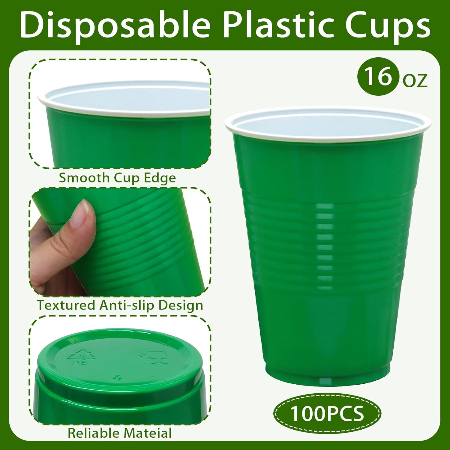 100 Pack Green Plastic Cups, 16 oz Green Disposable Cups, Plastic Party Cups Heavy Duty for Party Wedding Picnic St Patrick's Day - Image 5