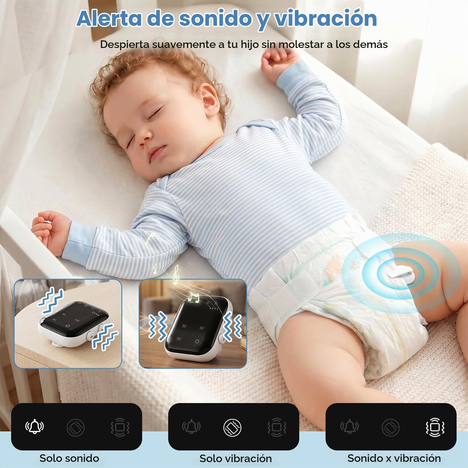 Alarma Inalámbrica de Enuresis para Niños y Niñas, Alarma de Enuresis en la Cama USB-C Recargable con 3 Modos de Sonido y Vibración, Sensor de Humedad Entrenamiento para IR al Baño Nocturno