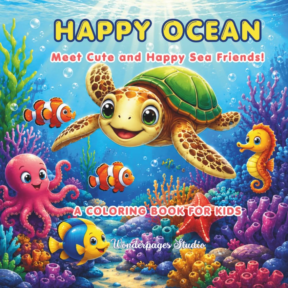 Happy Ocean: Coloring Book for Kids: Meet Cute and Happy Sea Friends! Magical Under the Sea Coloring Adventures with Sea Turtles, Dolphins, and Vibrant Coral Reefs