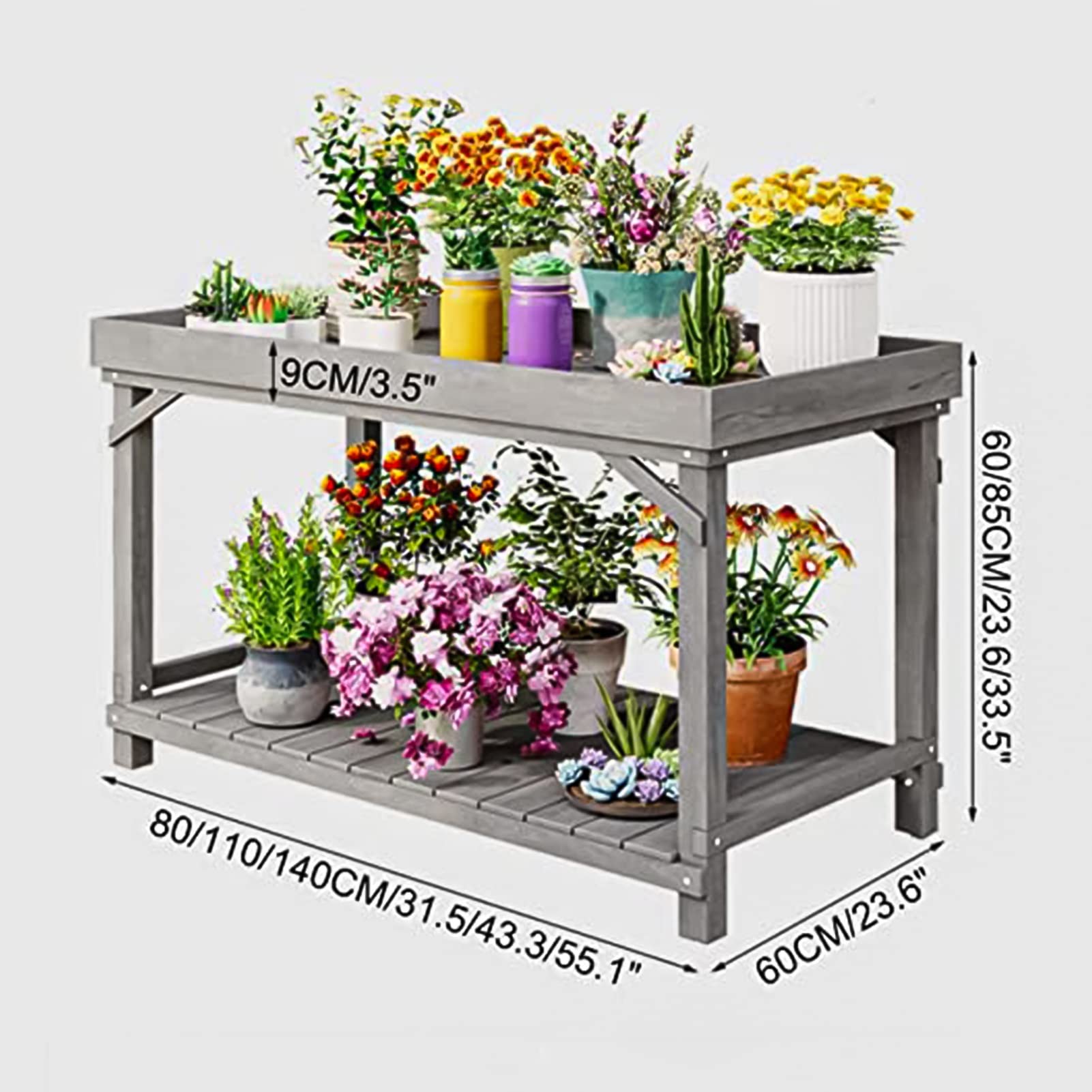 Panchina da giardino a 2 ripiani, marrone, per interni ed esterni, scaffale per piante, scala multistrato e supporto per vasi di fiori, 140 x 60 x 85 cm