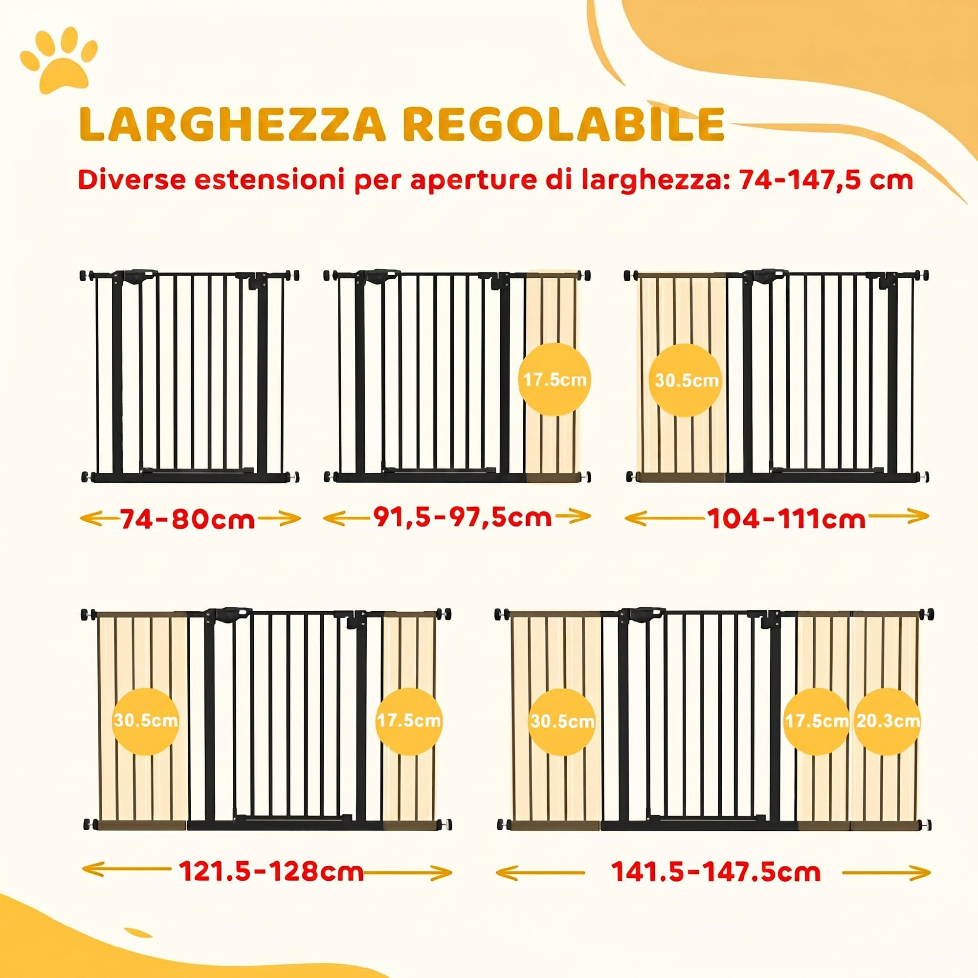 PawHut Cancellino per Cani e Animali Domestici 3 Estensioni Larghezza Regolabile Fine a 147.5 cm, Cancello per Cani con Fissaggio a Pressione Senza Fori e Chiusura Automatica, Nero