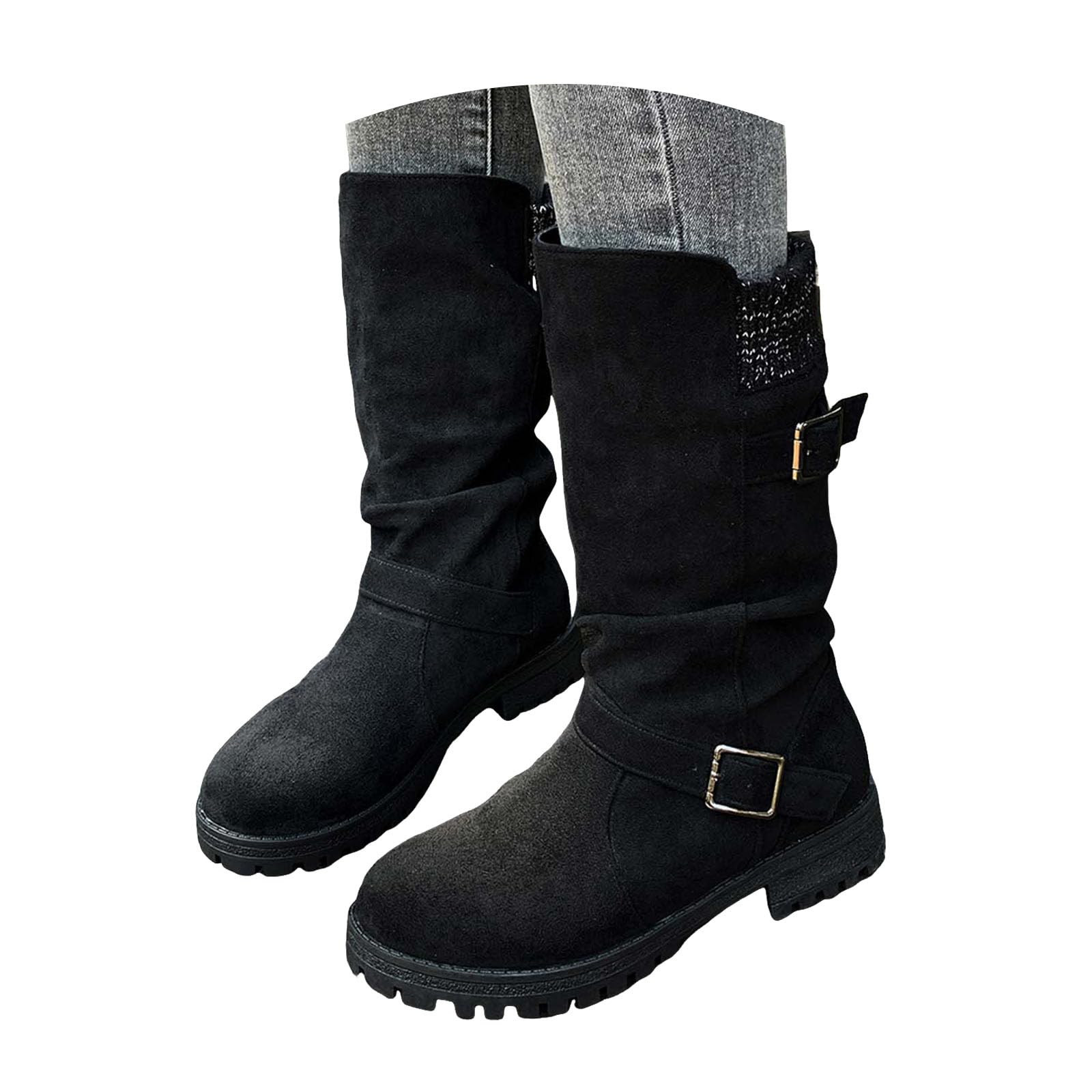 Womens Fashion Mid Calf Boots Womens Platform Lug Sole Suede Chunky Low Heels Pull On Booties Women Casual