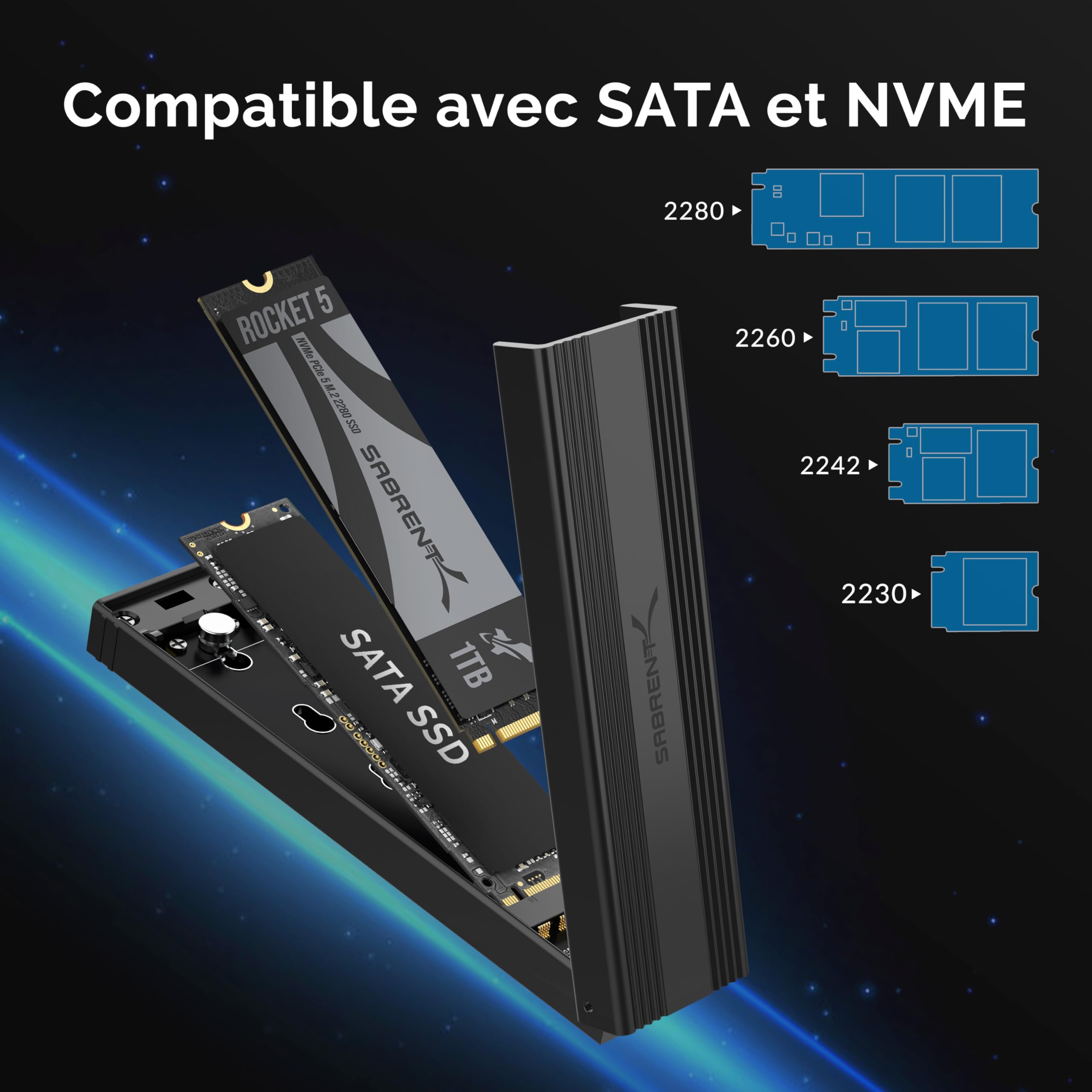 SABRENT Boitier SSD NVMe M.2, Adaptateur SSD M2 USB 3.2 Gen2 10Gbps, Boitier NVMe Externe en Aluminium Durable pour PCIe, M.2 SATA, M Key/M+B Key 2230/2242/2260/2280, Adaptateur USB (EC-SNVE)