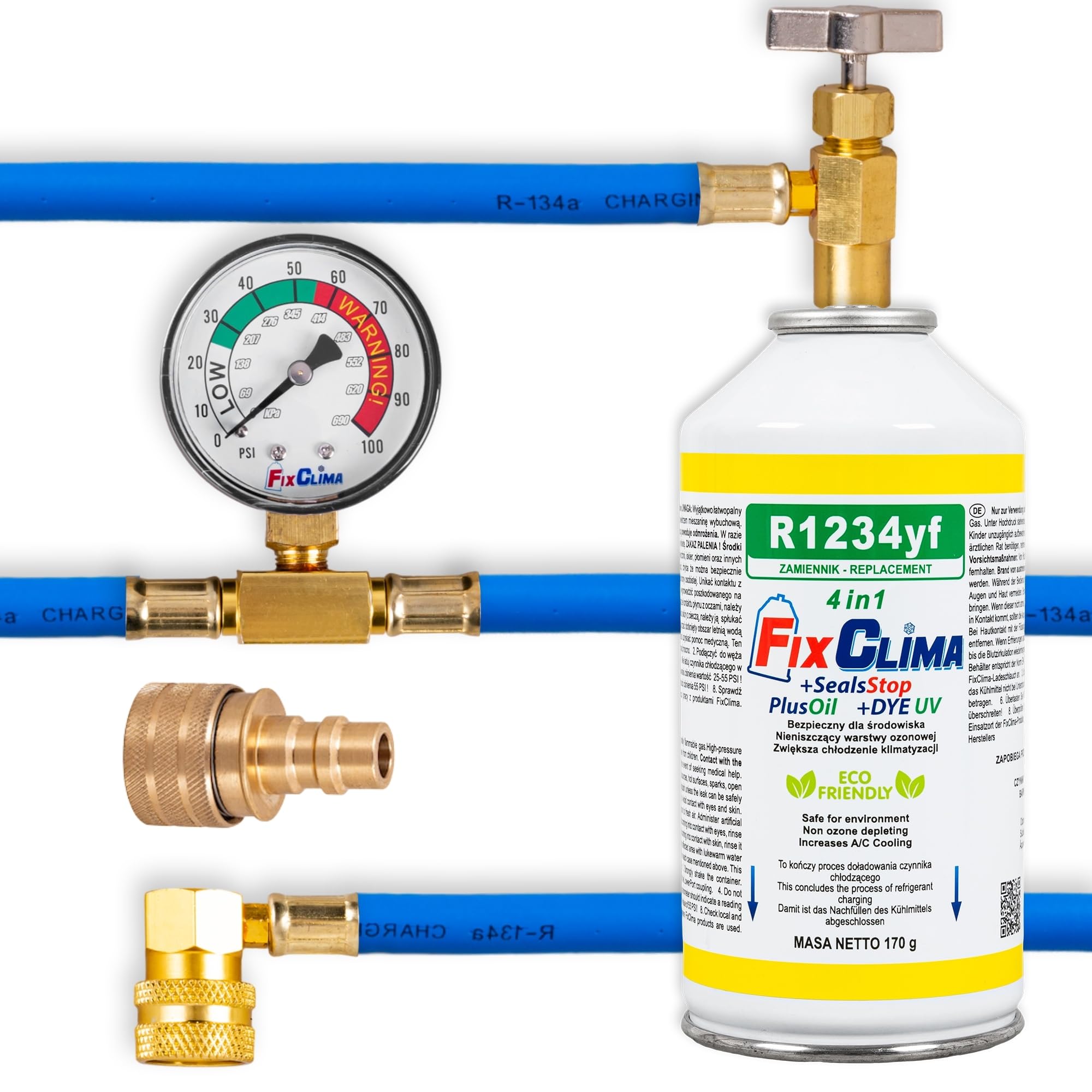 FixClima Gas Refrigerante R1234YF per Sistemi di Aria Condizionata Automobili dal 2016 - Kit 4in 1 con Manometro e Rilevamento UV