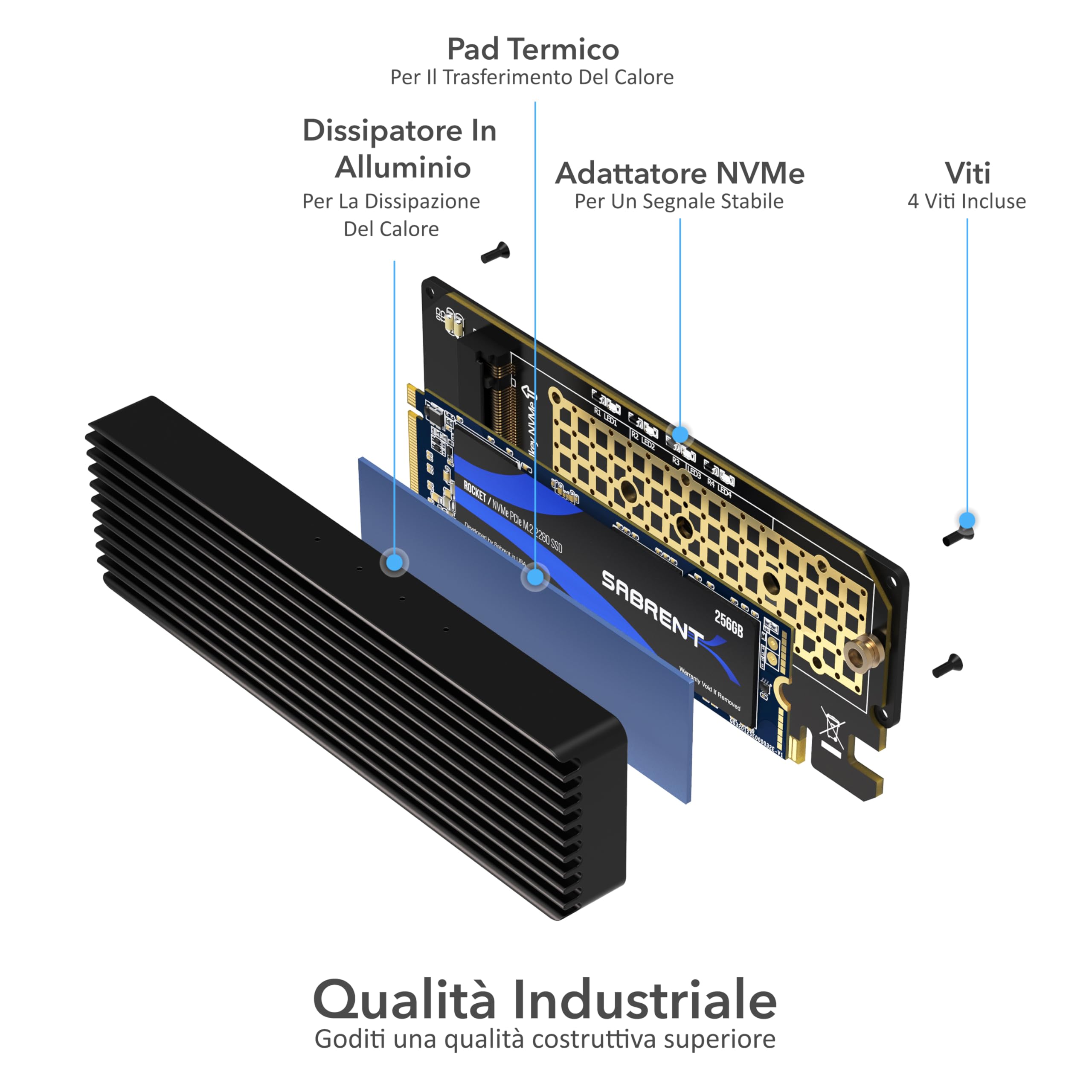 SABRENT Adattatore PCIe SSD M.2 NVME, Scheda PCIe X16/X8/X4 con dissipatore di calore in alluminio, Adattatore per SSD 1TB, 2TB, 4TB, 8TB fino a 16TB, formato 2230/2242/2260/2280 (EC-PCIE)