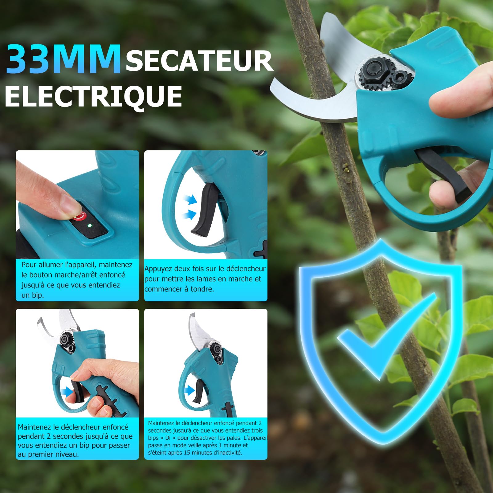 Sécateur Électrique Sans Fil Professionnel 33mm 2x2000mAh 21V Batteries, Lames SK7 Remplaçables pour Jardinage, Verger, Ferme